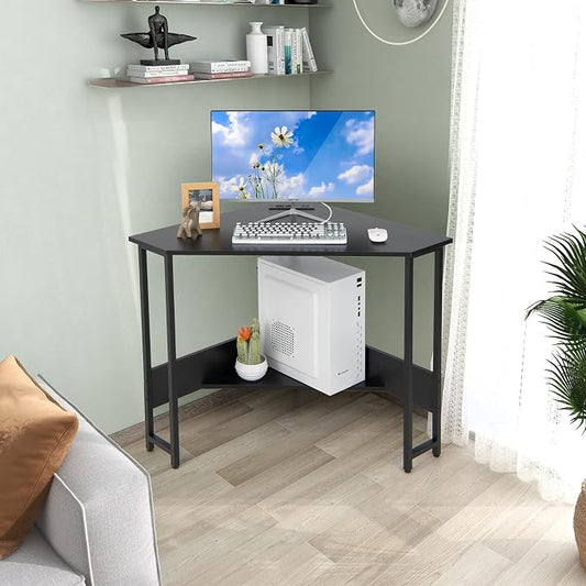 Corner Desk with Charging Station & USB Port, 90-Degree Triangle Computer Workstation w/Storage Shelf, Metal Frame, Space-Saving Laptop PC Desk for Small Space, Home Office (Black)