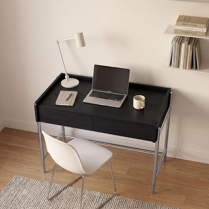 Home Office Computer Desk, Metal Frame Simple Dressing Vanity Table Without Mirror, Modern Minimalist Work Desk with 2 Drawers for Home Office, Bedroom and Living Room