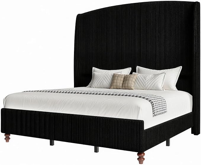 Queen Size 65.7" Tall Headboard Upholstered Bed Frame with Wingback, Soft Washable Corduroy Beds Cover, Solid Wood Legs, Noise-Free, No Box Spring Needed, Black