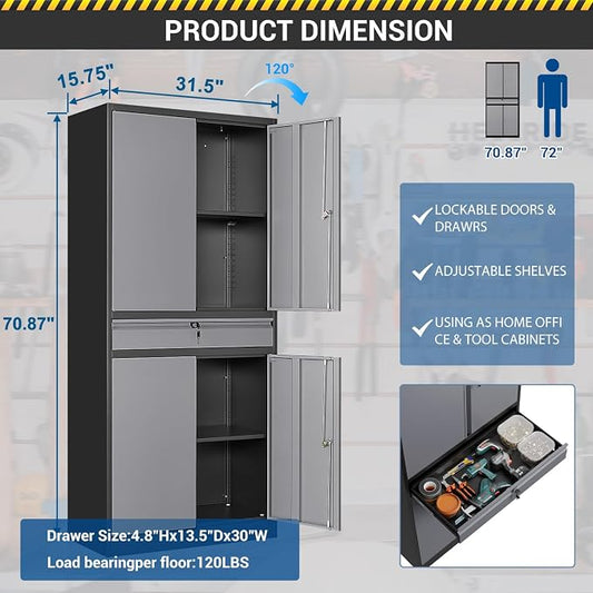 Fesbos 71" Metal Cabinet-Black&Gray Heavy Duty Storage File Cabinet Steel Tool Cabinets with Shelves, Lockable Doors and Drawers- for Garage, Pantry, Warehouse - Assembly Required