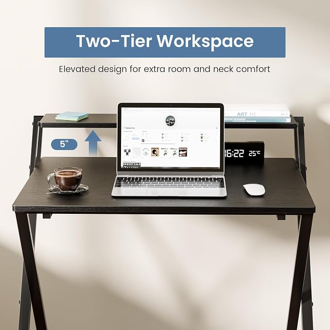 DUMOS Small Folding Desk with Shelf, No-Assembly Foldable Computer Desk for Tight Spaces, Portable Table for Bedroom, Home Office, Dorm or Apartment, Ink