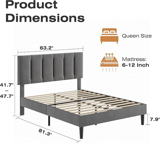 VECELO Queen Bed Frame with Upholstered Headboard, Heavy-Duty Platform Bedframe with Strong Wooden Slats Support, No Boxing Spring Needed, Dark Grey