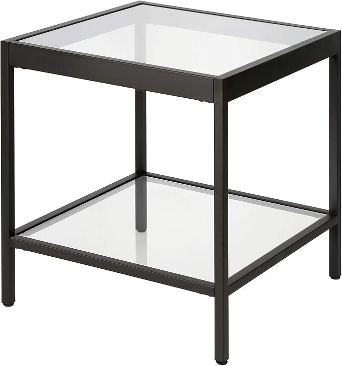 Henn&Hart 20" Wide Square Side Table in Blackened Bronze, Table for Living Room, Bedroom | Two-tiered glass shelves with a metal frame, offering open display space for living rooms, offices, or bedrooms