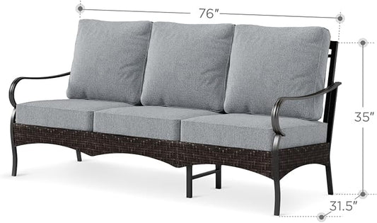 PHI VILLA Wicker & Metal Outdoor Patio Couch,3-Seat Patio Sofa with Deep Seating for Front Porch, Deck, Balcony, Backyard, Sunroom,Grey