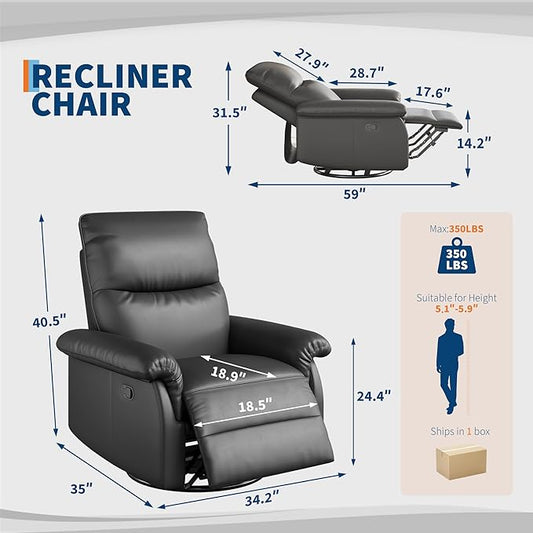 IDEALHOUSE Manual Recliner Chair, 360° Swivel Rocker Glider Recliner with Padded Armrests, Modern PU Leather Upholstered Reclining Chair for Living Room Bedroom and Nursery (Dark Black)
