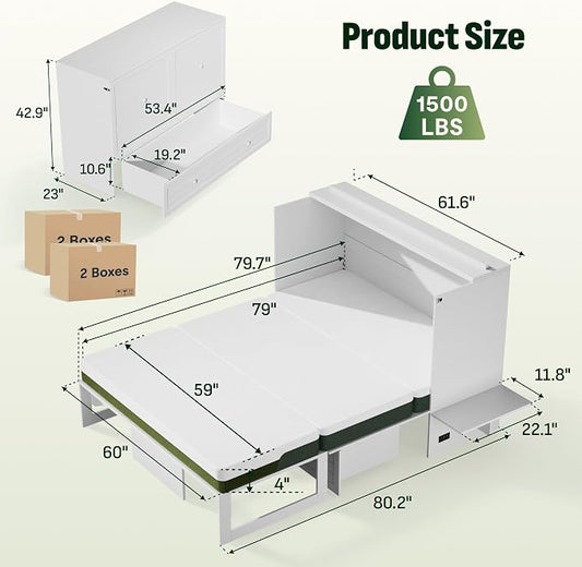 Softa Queen Murphy Bed Cabinet with 6" Tri-Fold Mattress, Storage Drawer & Charging Station, 1200 Lb Heavy Duty Wood Wall Bed with Fold-Down Desk for Guest Room & Home Office, No Box Spring Needed