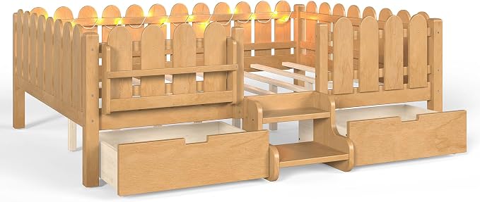 Bellemave Queen Kids Montessori Bed with Stairs, Bookshelf and LED Lights, Solid Wood Kids Bed Frame with Storage Drawers for Boys Girls, Low Profile,Natural