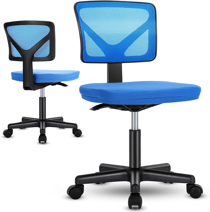 Sweetcrispy Ergonomic Low-Back Mesh Small Office Chair, Rolling Work Swivel Chairs with Wheels, Armless Comfortable Seat Lumbar Support for Home, Bedroom, Study, Student, Adults, Blue