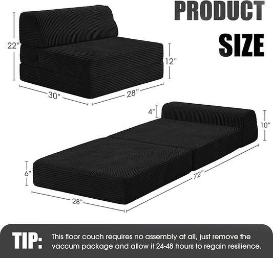 Kasunpul Folding Sofa Bed with Pillow, Memory Foam Fold Out Chair Bed, Convertible Sleeper Chair with Washable Cover, Futon Floor Couch for Living Room/Dorm/Guest Use/Home Office/Apartment, Black