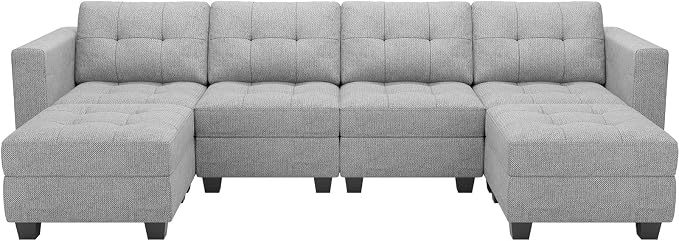 Belffin Reversible Storage Modular U-Shape Sectional Sofa Couch with Double Chaises Modular Sectional Sofa Set with Ottomans Fabric Light Grey