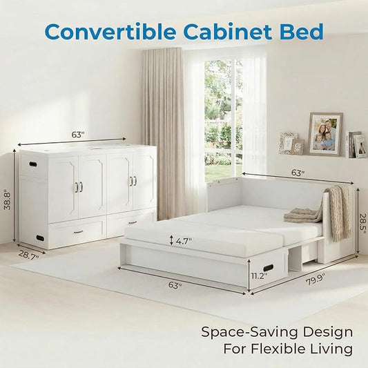 Mjkone Queen Murphy Bed with Mattress Include, Murphy Cabinet Bed with USB Charging Station, Hidden Cube Cabinet Beds with Large Storage Drawer for Bedroom Guest Room Home Office, White