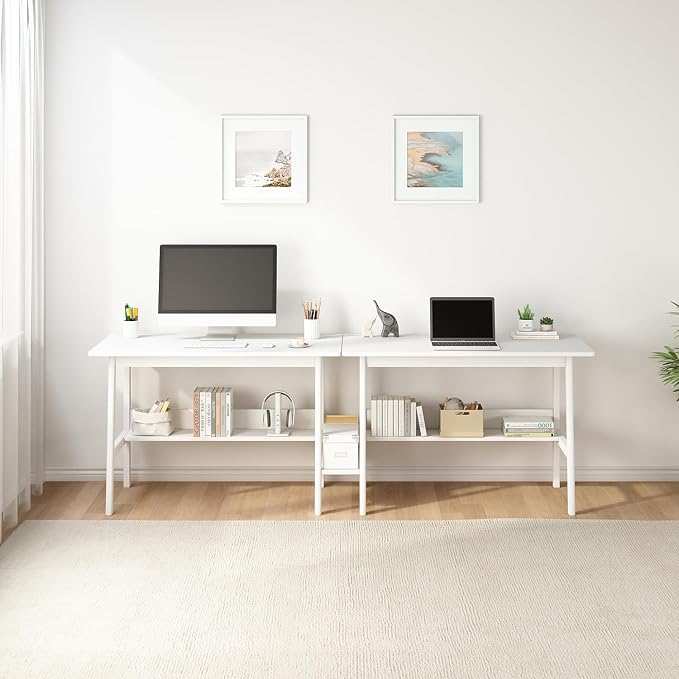 NELYE 2 Person Desk with Storage Bookshelf, 79” x 24” in, White | Fits Two People, Trapezoid Solid Wood Legs for Stability, Splits into Two Desks, Suitable for Home Office and Study