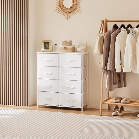 DUMOS Dresser for Bedroom with 8 Fabric Drawers, Tall Chest Organizer Units for Clothing, Closet, Kidsroom, Storage Tower with Cabinet, Metal Frame, Wooden Top, Lightweight Nursery Furniture, White