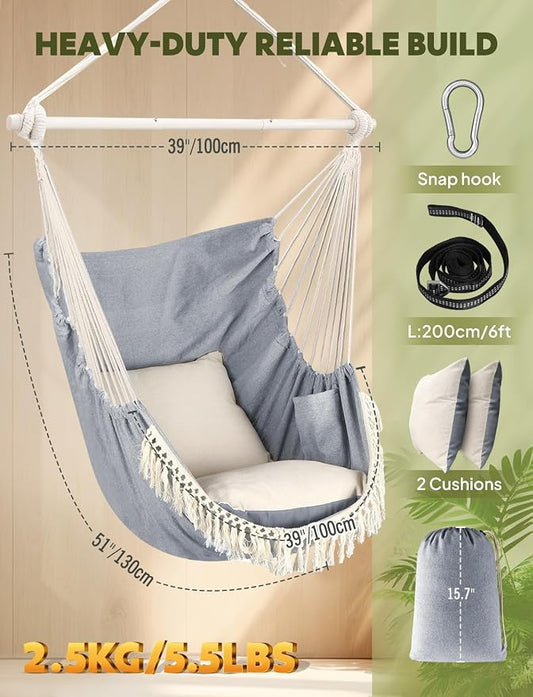 Chihee Hammock Chair Hanging Swing Max 500 Lbs 2 Cushions Included Metal Spreader Bar with Anti-Slip Grooves Portable Hanging Chair Side Pocket Large Macrame Bohemian Chair Indoor Outdoor