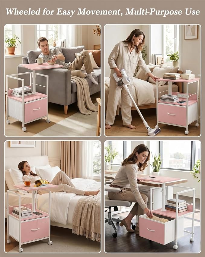 Faesun Swivel Lift Top Nightstand with Charging Station, Rolling Side Table for Recliner, Bedside Table with Wheels & a Fabric Drawer, for Small Spaces, for Bedroom, Living Room, Pink