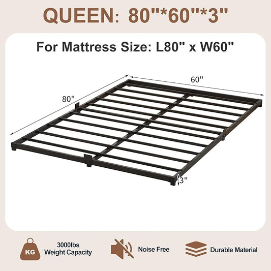 3 Inch Low Profile Queen Size Bed Frame, Noise-Free Heavy Duty Metal Platform with Mattress Stopper, No Box Spring Needed, Easy Assembly Steel Support, Black