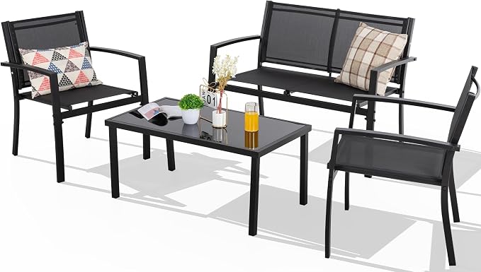 Shintenchi 4 Pieces Patio Furniture Set All Weather Textile Fabric Outdoor Conversation Set, with Glass Coffee Table, Loveseat, 2 Single Chairs for Home, Garden, Lawn, Porch(Black)