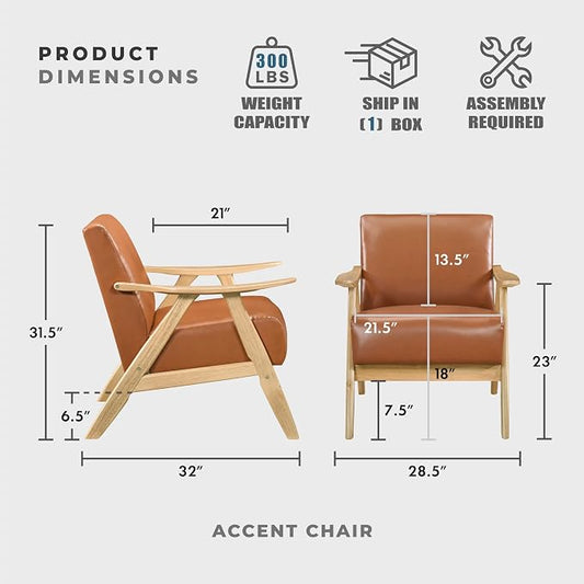 Lexicon Mid Century Modern Accent Chair with Solid Wood Frame in Natural Finish, Faux Leather Living Room Lounge Arm Chair, Thick and Comfy Innerspring Seat Cushion, Brown