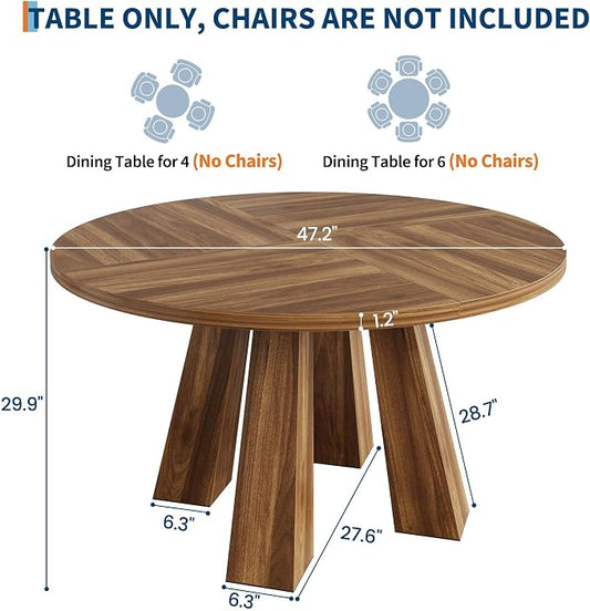 IDEALHOUSE 47" Round Dining Table for 4-6, Wood Kitchen Table with Sturdy Base, Farmhouse Circle Dinner Table for Dining Room, Living Room, 4 Strong Legs, Walnut