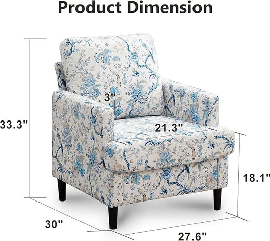 Weture Mid-Century Accent Chair,Modern Linen Fabric Armchair for Living Room,Comfy Upholstered Reading Accent Chairs for Bedroom,Single Sofa Chair with Wood Legs (Blue Flowered Bird, 1 Pack)