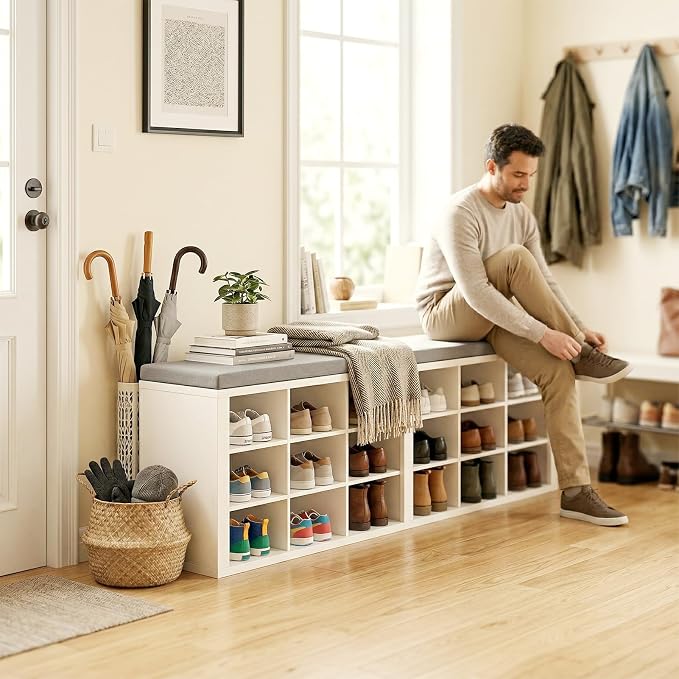 Shoe Rack Bench, Shoe Storage Bench with Cushion, Shoe Organizer 18 Cubbies for Entryway Hallway Bedroom Living Room, Holds Up to 400lbs