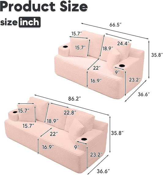Boneless Sofa Couch Set with Cup Holders & Side Pockets, Modern Corduroy Fabric Upholstered 3-seat Couch & Loveseat Set with 4 Throw Pillows for Living Room, Office, No Assembly (Pink)