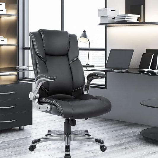 COLAMY High Back Executive Office Chair - Padded Leather Ergonomic Computer Desk Chair with Inflatable Lumbar Support & Flip-Up Arms, Adjustable Tilt Lock Swivel Task Chair for Home Office, Black