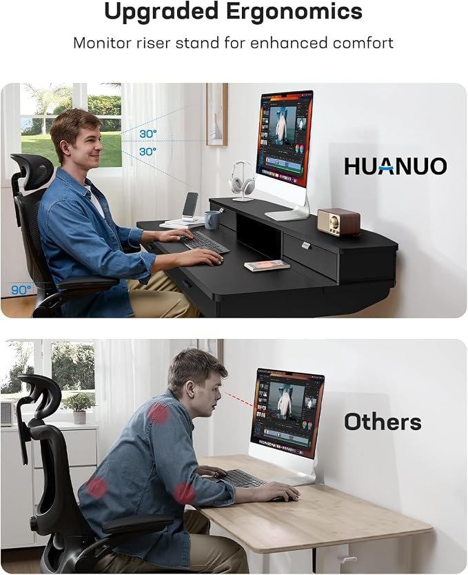 HUANUO 55 x 30 inch Electric Standing Desk with 2 Wood Drawers, Adjustable Height Sit Stand Desk for Home Office, Ergonomic Stand up Desk with 4 Memory Presets, 176 lbs Capacity, Black Top