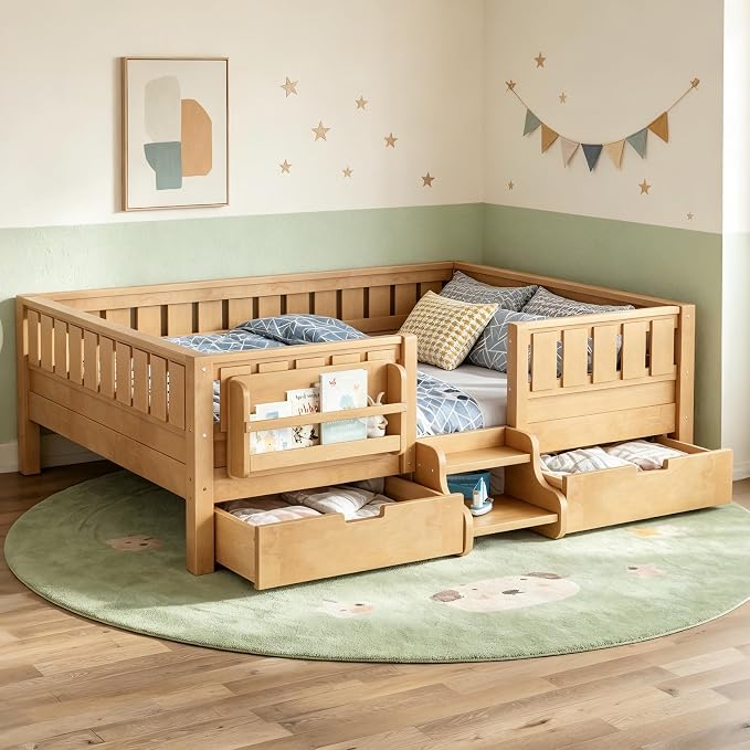 Bellemave Full Size Bed Frame with Storage Drawers & Bookshelf, Low Profile Kids Bed with Staircase & Full Length Guardrails, Solid Wood Full Size Bed Frame Kids with Slats Load 450 LBS, Natural