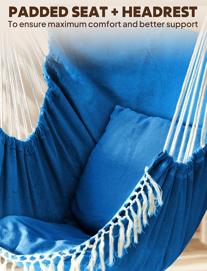 Chihee Hammock Chair Hanging Swing 2 Pillows Included,Strong Webbing Straps and Hooks for Easy Hanging Soft Cotton Hanging Chair Side Pocket Tassel Chair Comfort Indoor Outdoor Royal Blue