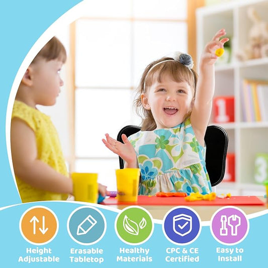 FUNLIO Kids Table and 4 Chairs Set, Height Adjustable Toddler Table and Chair Set for Ages 3-8, Easy to Wipe Arts & Crafts Table, for Classrooms/Daycares/Homes, CPC & CE Approved (5-Piece Set) - Black