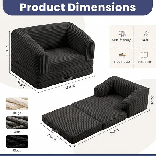 JUIKURY Convertible Sofa Bed, 3-in-1 Foldable Loveseat Couch with Armrest, Corduroy Floor Sofa & Sleeper Bed, No Assembly High-Density Foam Futon Mattress for Living Room, Small Apartment, Dorm