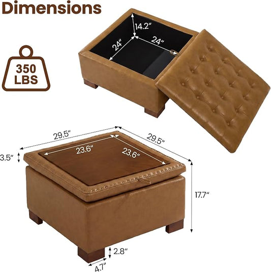 30 Inch Square Storage Ottoman Coffee Table, Modern Tufted Upholstered Ottoman with Flip Tray and Solid Wood Legs, Suitable for Living Rooms, Faux Leather Brown