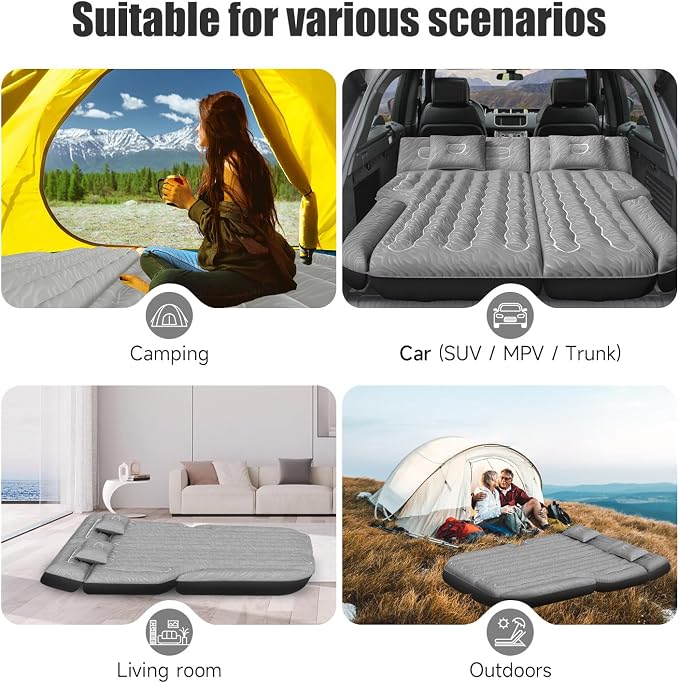 Inflatable SUV Air Mattress Bed Car Mattress, Double-Sided Flocking Travel Camping Bed, Car Sleeping Mattress for Universal SUV with Air Pump 2 Pillows