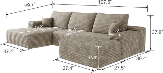 107" U Shaped Corduroy Couch with Ottoman, Compression Boneless Sofa, Deep Seat Cloud Modular Couch, Comfy Sectional Couches for Living Room Bedroom, No Assembly, Right Facing Chaise, Camel