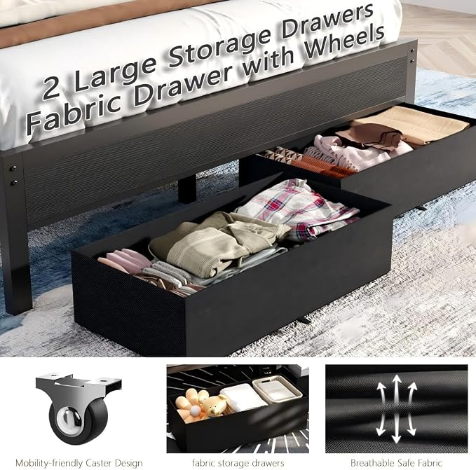 Furnulem Full Size Bed Frame with Charging Station and LED Lights, Grey Upholstered Headboard with Shelves, Metal Platform Bed with 2 Under-Bed Storage (Fabric Drawer on Wheels), No Box Spring Needed