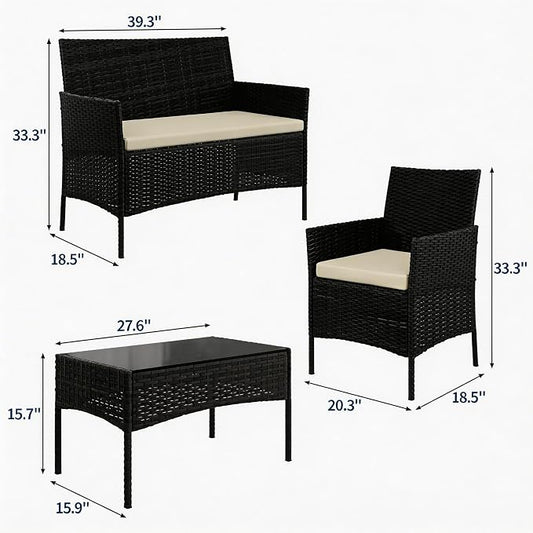 4-Piece Outdoor Furniture Set, PE Rattan Wicker Chairs with Soft Cushions & Tempered Glass Coffee Table - All-Weather Patio Set for Garden, Backyard, Porch, Poolside (Black/Beige)