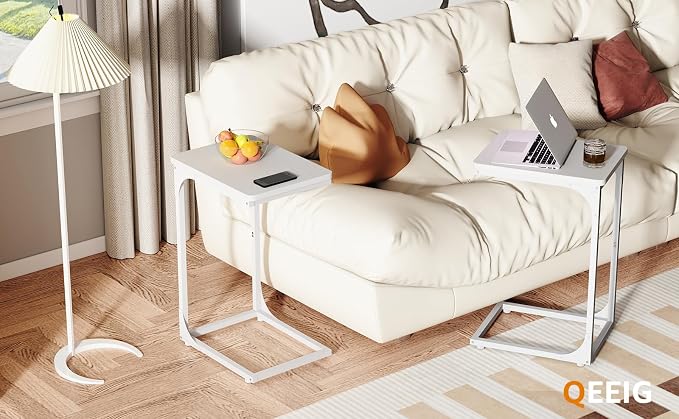 QEEIG C Table Side Table Set of 2 Living Room Sets C Shaped Couch Tray End Tables Modern, White (017-30-002WW)