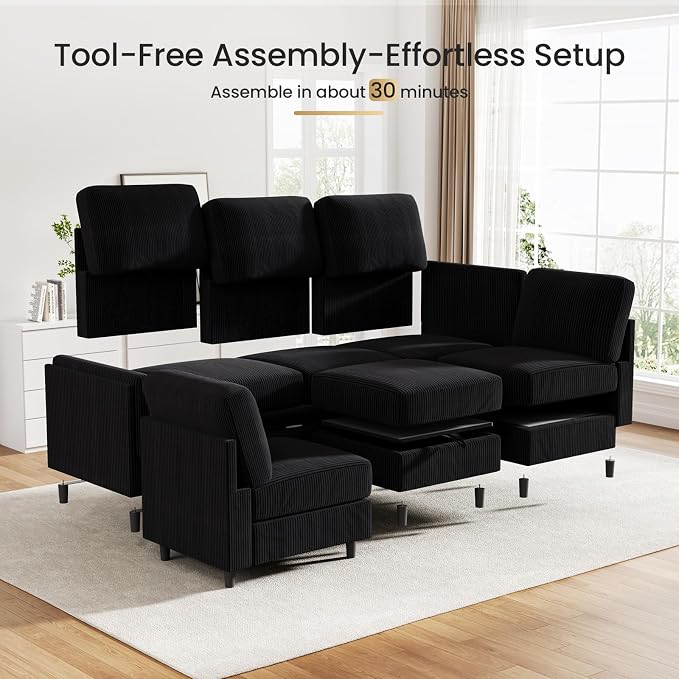 KKL Modular Sectional Sofa Bed - Sofa Couch with Storage Ottoman, Convertible L/U-Shaped Sleeper Couch for Living Room, Modern Reversible Design, Black