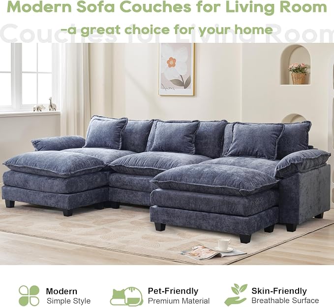 Oprisen 120" Modular Sectional Sofa, Comfy Cloud Couch Sectional Sofa with Ottoman, Chenille Sofa Sleeper Deep Seat Sofa with Throw Pillows for Living Room (Blue, 120"- U Shape)