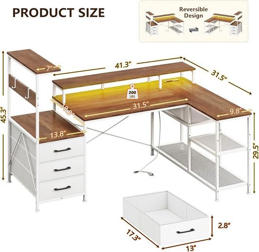 YOMILUVE L Shaped Gaming Desk with Drawers & Storage Shelves, White Gaming Desk with Power Outlets & LED Light, Reversible Computer Desk with Monitor Stand & Hooks, Brown and White
