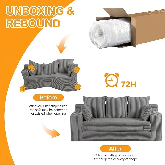 Oversize Loveseat Boneless Convertible Sofa Bed, Folding Floor Futon Sleeper Sofa Queen Size Couch Bed- Boneless Foldable Couch, Corduroy Pull Out Sofa Bed with 5 Pillows for Living Room & Bedroom