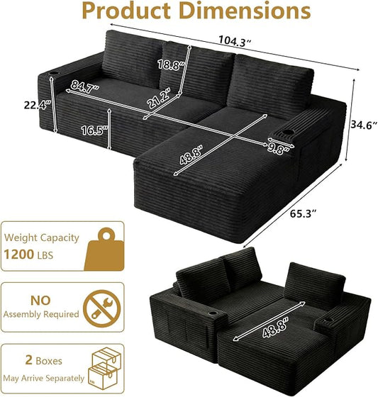 104" Cloud Sectional Couch L-Shaped with Side Pockets Cup Holders, Corduroy Boneless Couch for Living Room,Upholstered Deep-Seat Modular Sectional Sofa,No Assembly Required (Black,Right Facing Chaise)