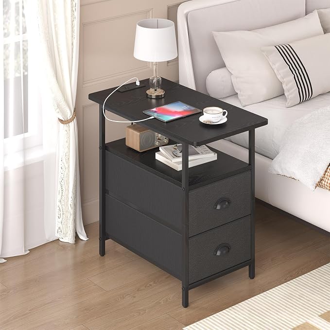 sthmec End Table with Charging Station, Narrow Side Table with 2 Drawers, Nightstands with Drawers, USB Ports & Power Oulets,Slim Sofa Side Tables for Small Spaces,Living Room,Bedroom,Black