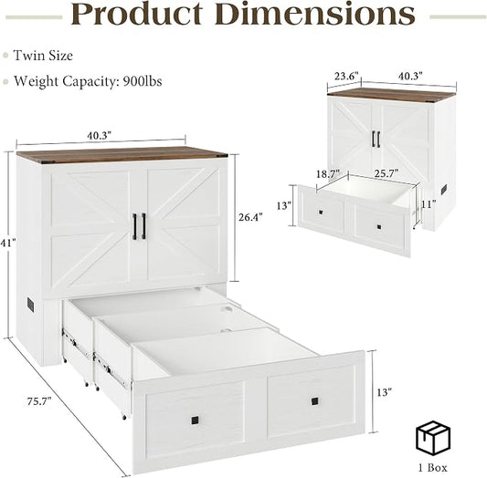 LUXOAK Twin Murphy Bed with Built-in Charging Station and Storage Drawer, Farmhouse Foldable Cabinet Bed for Guest Room, Apartment or Home Office, White