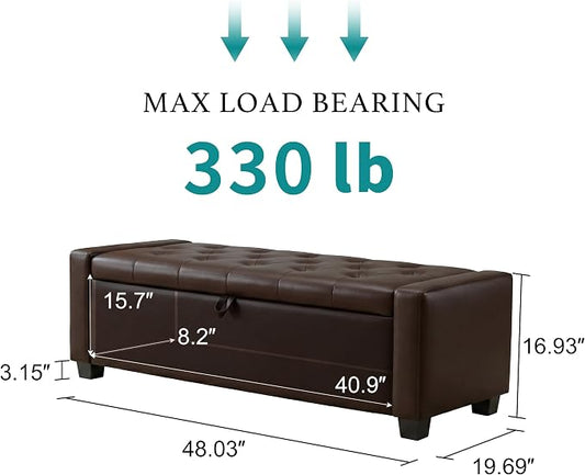Huatean Home 48" Ottoman with Storage, Storage Ottoman Bench with Safety Hinge, Upholstered Entryway Bench with Seating for Bedroom, Living Room, Holds up to 330 lb, Dark Brown