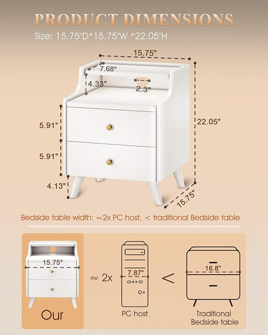 Narrow Nightstand with Drawers, 15.7" Slim Solid Wood Bedside Table with Open Shelf & Cable Hole, Modern Storage Side Table for Bedroom, White