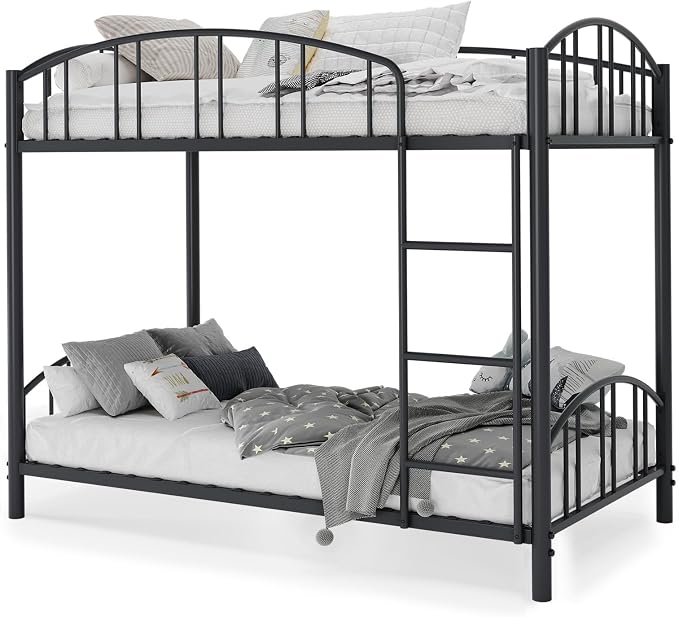 GarveeHome Metal Bunk Bed Twin Over Twin, Heavy Duty Bunkbeds Frame with Arched Guardrail and Safety Ladder, Sturdy Steel Bed for Kids Boys Girls, Space-Saving, No Box Spring Needed, Black