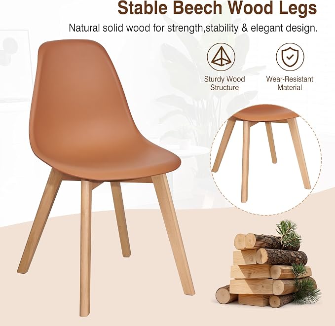 VECELO Dining Chairs Set of 4, Mid-Century Modern Kitchen & Dining Room Chairs, Molded Plastic Seat & Back, Solid Wood Legs, Armless, Non-Slip Feet, Orange