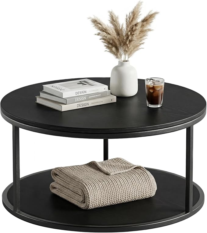 YESHOMY 36" Round Coffee Table, 2-Tier Wood Center Table with Storage Shelf, Heavy-Duty Metal Frame, Easy Assembly, Ideal for Living Room & Small Spaces, Black